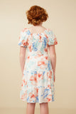 GY7284 Off White Girls Textured Romantic Floral Smocked Puff Sleeve Dress Back