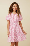 GY7295 Pink Girls Textured Floral Puff Sleeve Dress Front