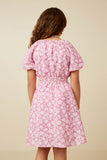 GY7295 Pink Girls Textured Floral Puff Sleeve Dress Back