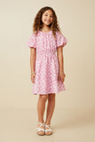 GY7295 Pink Girls Textured Floral Puff Sleeve Dress Full Body 2