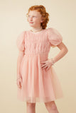 GY7301 Blush Girls Smocked Puff Sleeve Mesh Dress Front