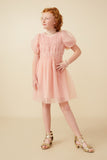 GY7301 Blush Girls Smocked Puff Sleeve Mesh Dress Full Body