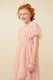 GY7301 Blush Girls Smocked Puff Sleeve Mesh Dress Side