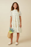 GY7303 Cream Girls Linen Texured Ruffled Ditsy Floral Dress Full Body