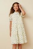 GY7303 Cream Girls Linen Texured Ruffled Ditsy Floral Dress Front 2