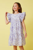 GY7313 Lavender Girls Ditsy Floral Exaggerated Ruffle Sleeve Dress Front