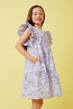 GY7313 Lavender Girls Ditsy Floral Exaggerated Ruffle Sleeve Dress Pose