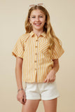 GY7314 Yellow Girls Striped Puff Sleeve Button Up Poplin Shirt Front