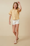 GY7314 Yellow Girls Striped Puff Sleeve Button Up Poplin Shirt Pose