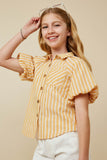 GY7314 Yellow Girls Striped Puff Sleeve Button Up Poplin Shirt Side