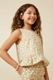 GY7326 Beige Girls Floral Button Back Ruffled Hem Tank Side