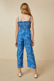 GY7331 Blue Mix Girls Ditsy Botanical Print Smocked Wide Leg Jumpsuit Back