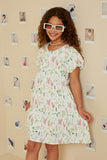 GY7336 Off White Girls Textured Floral Button Detail Bubble Sleeve Dress Front