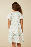 GY7336 Off White Girls Textured Floral Button Detail Bubble Sleeve Dress Back