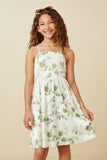 GY7339 Sage Girls Satin Floral Smocked Back Tank Dress Front