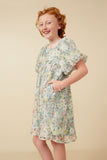 GY7346 Sage Girls Floral Organza Puff Sleeve Dress Side