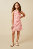 GY7358 Pink Mix Girls Floral Textured Organza Tank Dress Pose