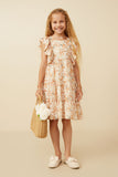 GY7413 Rust Girls Textured Floral Bubble Ruffled Dress Full Body