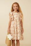 GY7413 Rust Girls Textured Floral Bubble Ruffled Dress Front 2