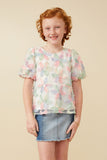 GY7415 Pink Mix Girls Sequined Floral Applique Bubble Sleeve Top Front