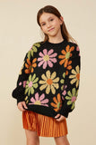 GY7433 Black Girls Retro Daisy Knit Pullover Sweater Front