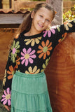 GY7433 Black Girls Retro Daisy Knit Pullover Sweater Editorial