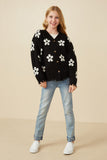 GY7434 Black Girls Distressed Floral Patterned Cardigan Full Body