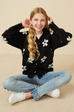 GY7434 Black Girls Distressed Floral Patterned Cardigan Pose