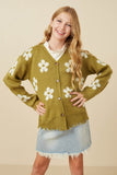 GY7434 Olive Girls Distressed Floral Patterned Cardigan Front