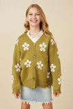 GY7434 Olive Girls Distressed Floral Patterned Cardigan Pose