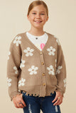 GY7434 Taupe Girls Distressed Floral Patterned Cardigan Front