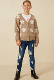 GY7434 Taupe Girls Distressed Floral Patterned Cardigan Full Body