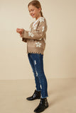 GY7434 Taupe Girls Distressed Floral Patterned Cardigan Side