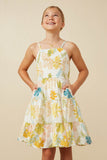 GY7438 Yellow Girls Tropic Foliage Print Smocked Tank Dress  Front