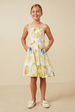 GY7438 Yellow Girls Tropic Foliage Print Smocked Tank Dress Full Body