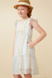 Girls Crochet Lace Textured Print Block Ruffle Sleeve Dress Side