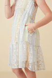 Girls Crochet Lace Textured Print Block Ruffle Sleeve Dress Detail