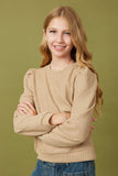 Girls Ribbed Knit Banded Detail Mock Neck Top Pose