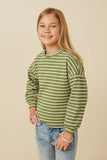 GY7528 Sage Girls Waffle Textured Striped Drop Shoulder T Shirt Side