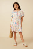 GY7532 Ivory Girls Floral Puff Sleeve Foiled Dress Full Body