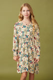 Floral Print Button Up V Neck Smock Detail Dress