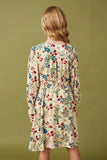 Girls Floral Print Button Up V Neck Smock Detail Dress Back