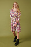 Girls Floral Print Button Up V Neck Smock Detail Dress Pose