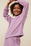 GY7567 Lavender Girls Soft Brushed Rib Seam Detail Long Sleeve Top Pose