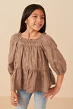 GY7592 Taupe Girls Brushed Floral Detailed Puff Sleeve Square Neck Top Pose
