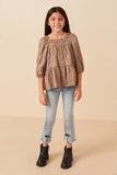 GY7592 Taupe Girls Brushed Floral Detailed Puff Sleeve Square Neck Top Full Body