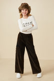 GY7600 Black Girls Washed Corduroy Wide Leg Cargo Pants Full Body