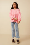 GY7608 Pink Girls Textured Brushed Rib Puff Sleeve Peplum Knit Top Full Body