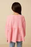 GY7608 Pink Girls Textured Brushed Rib Puff Sleeve Peplum Knit Top Back