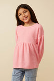 GY7608 Pink Girls Textured Brushed Rib Puff Sleeve Peplum Knit Top Front